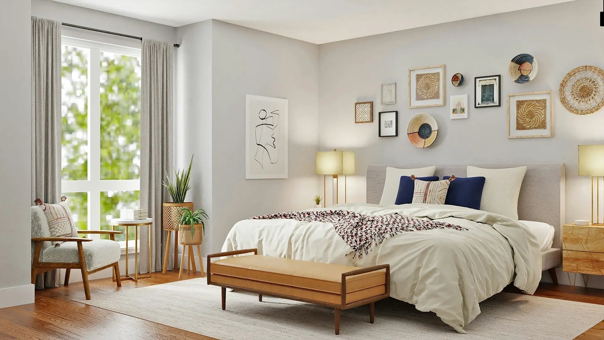 Cozy bedroom with stylish decorations, including a rattan pendant light, green bedding, accent pillows, and botanical wall art. Lush indoor plants and gold shelving add a modern, natural touch to the decor