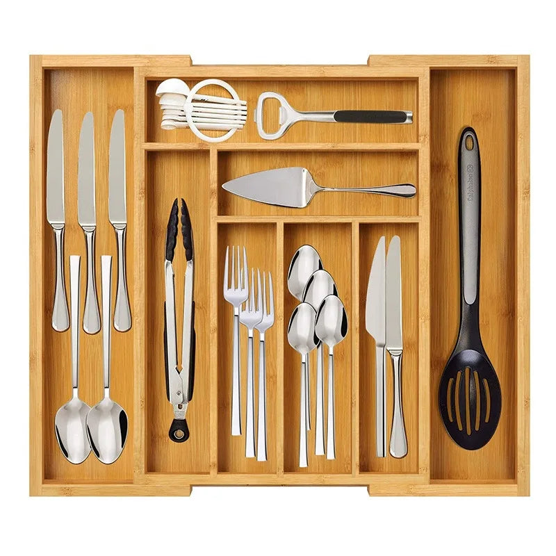 Expandable Bamboo Wood Cutlery Tray Drawer Utensil Organizer Adjustable for Silverware and Cooking Utensils