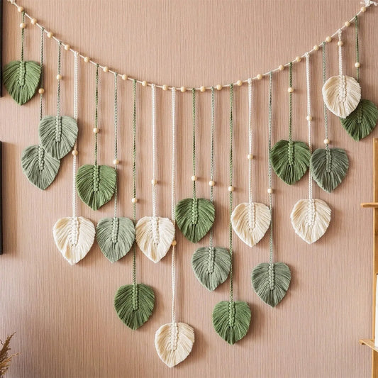 1 Pc Green Leaves Garland, Macrame Wall Art, Above Bed Decor, Boho Home Decor, Mid Century Modern, Living Room Wall Decor, Plant