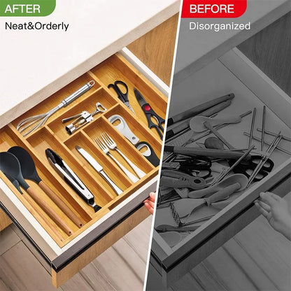 Expandable Bamboo Wood Cutlery Tray Drawer Utensil Organizer Adjustable for Silverware and Cooking Utensils